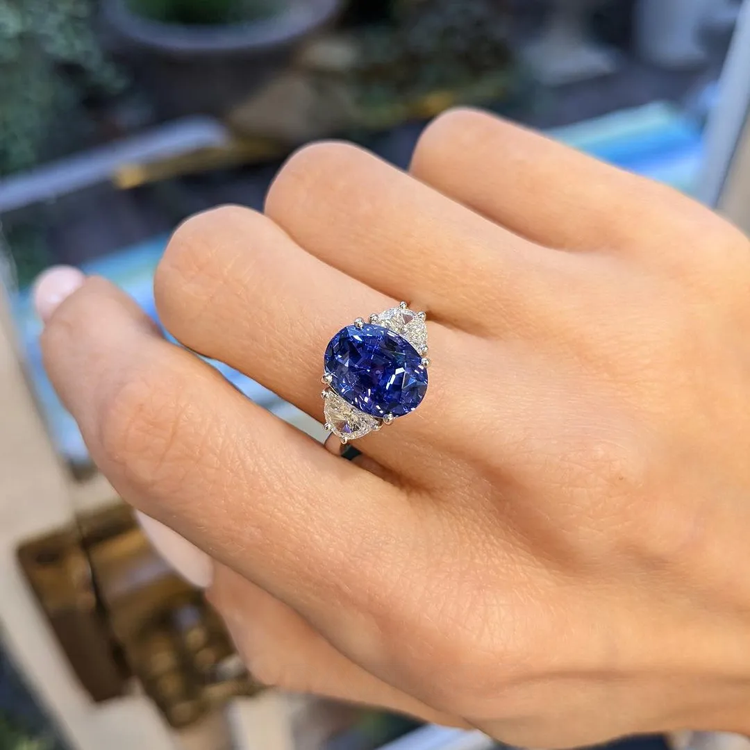 Bague de fiançailles en argent 925 à 3 pierres saphir bleu ovale