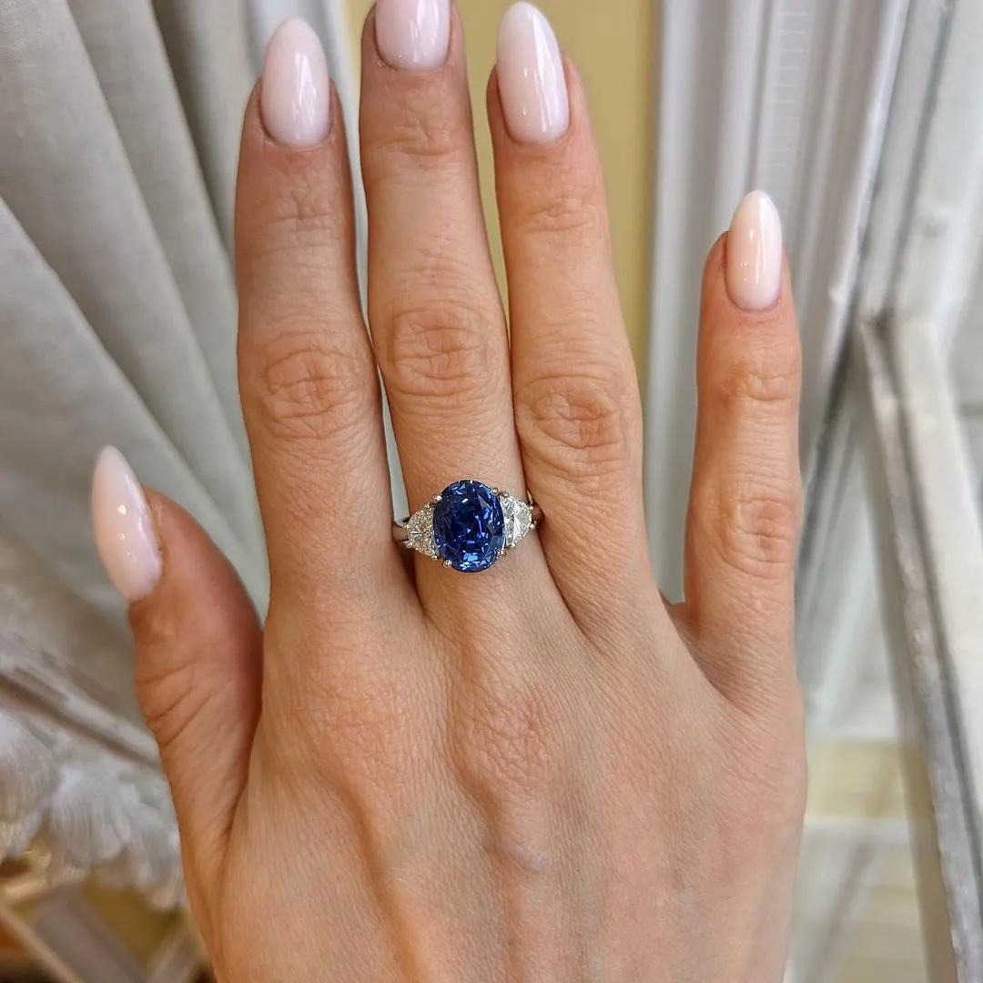 Bague de fiançailles en argent 925 à 3 pierres saphir bleu ovale