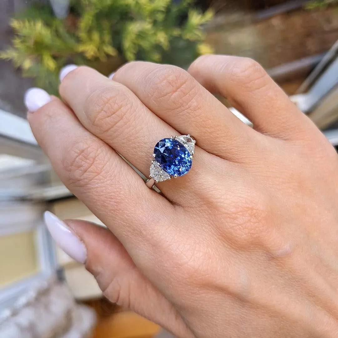 Bague de fiançailles en argent 925 à 3 pierres saphir bleu ovale