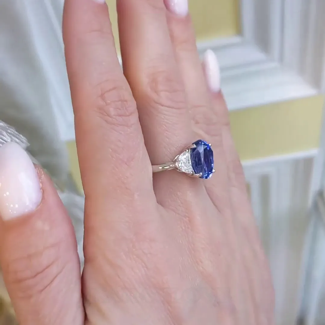 Bague de fiançailles en argent 925 à 3 pierres saphir bleu ovale