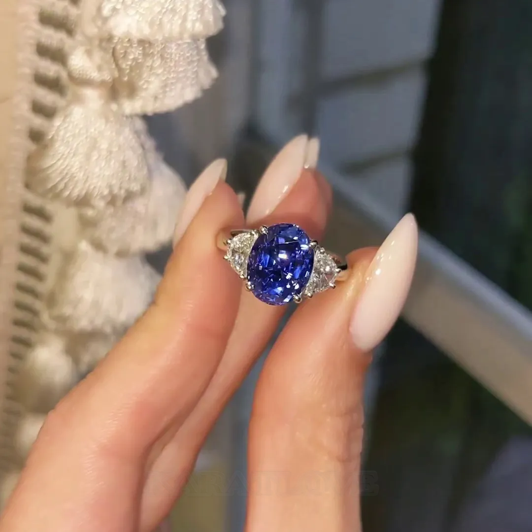 Bague de fiançailles en argent 925 à 3 pierres saphir bleu ovale