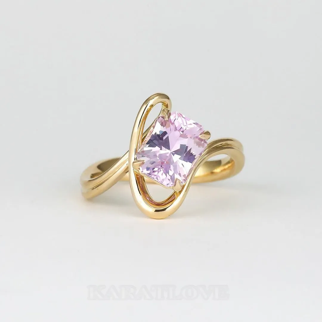 Bague de fiançailles art déco en argent sterling et or jaune 925 avec solitaire rose radiant