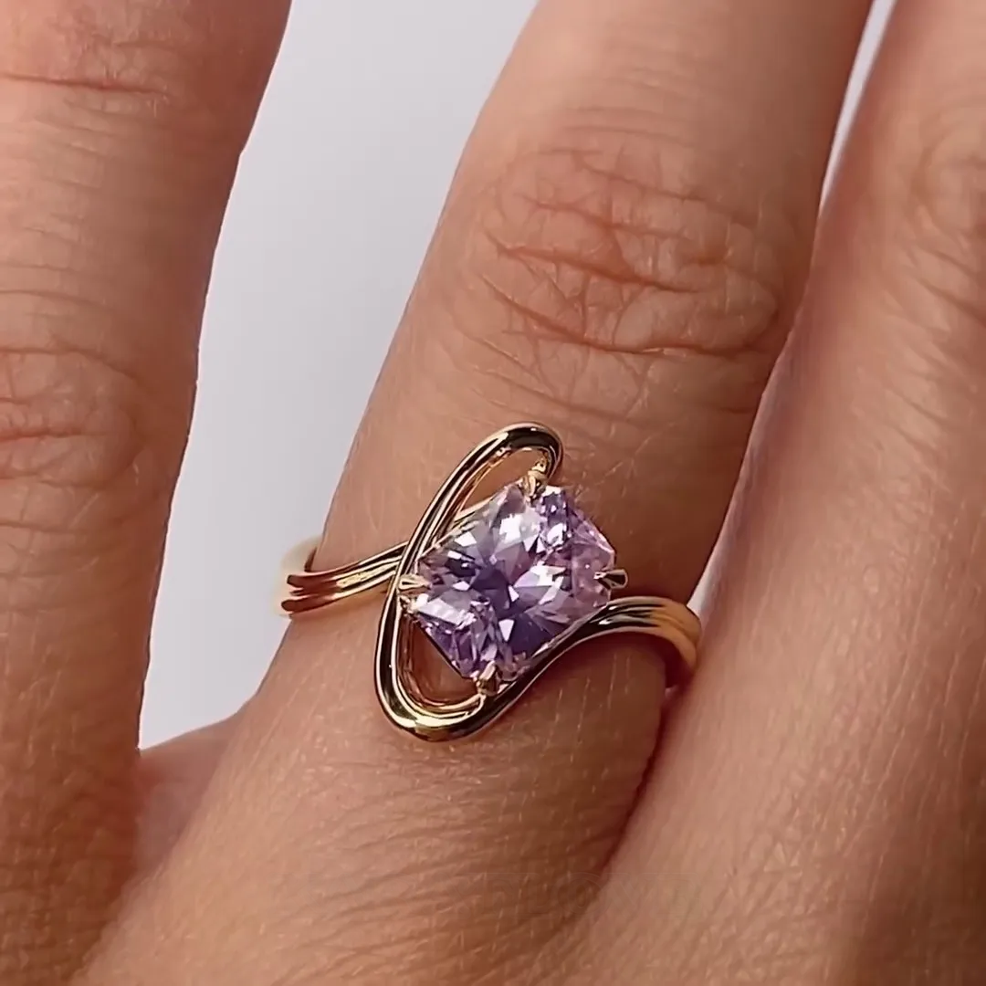 Bague de fiançailles art déco en argent sterling et or jaune 925 avec solitaire rose radiant