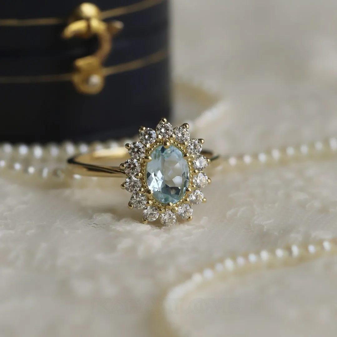 Bague de fiançailles halo en argent sterling et or jaune 925 avec aigue-marine bleue de taille ovale