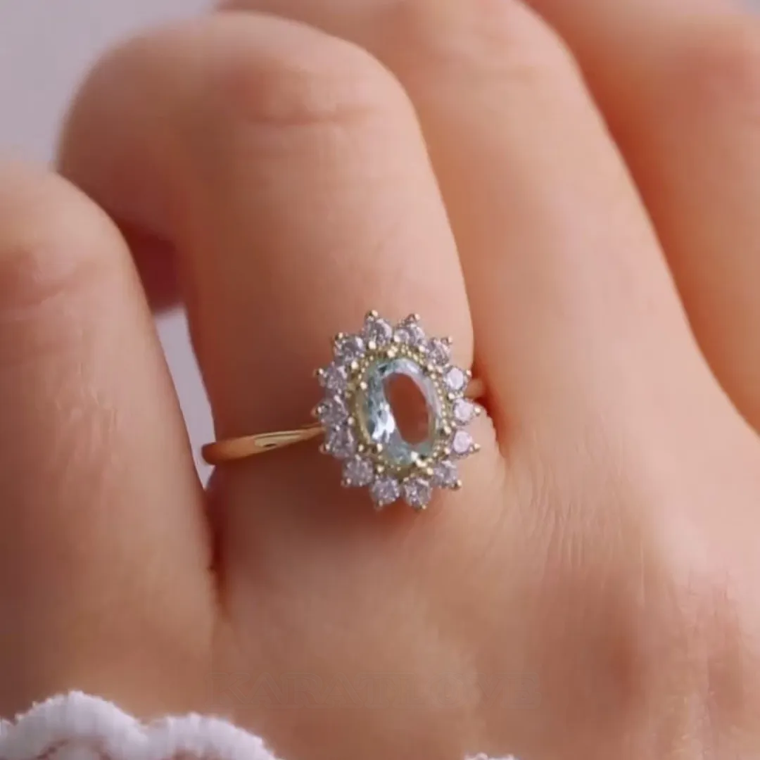 Bague de fiançailles halo en argent sterling et or jaune 925 avec aigue-marine bleue de taille ovale