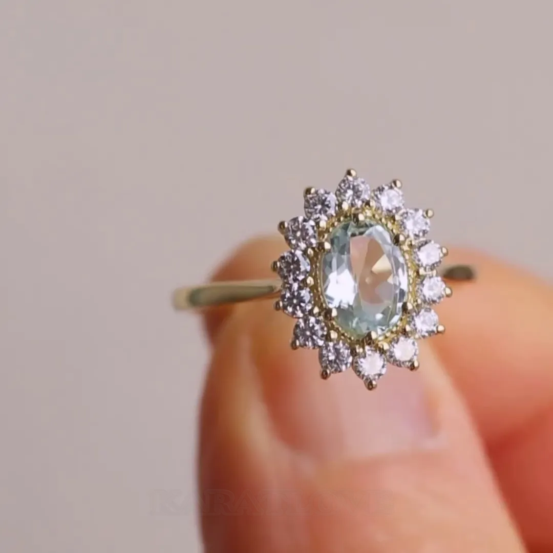 Bague de fiançailles halo en argent sterling et or jaune 925 avec aigue-marine bleue de taille ovale