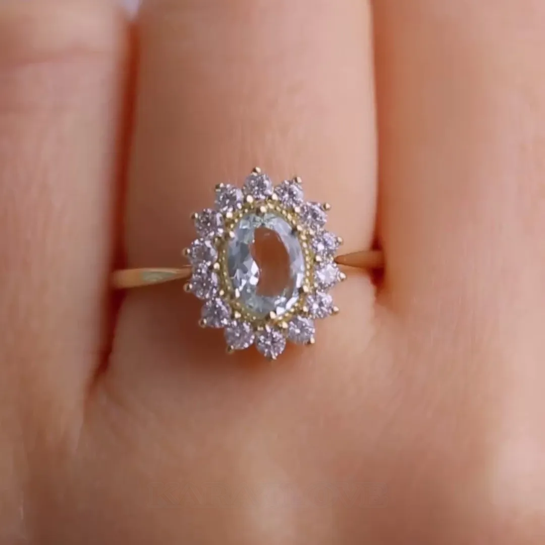 Bague de fiançailles halo en argent sterling et or jaune 925 avec aigue-marine bleue de taille ovale