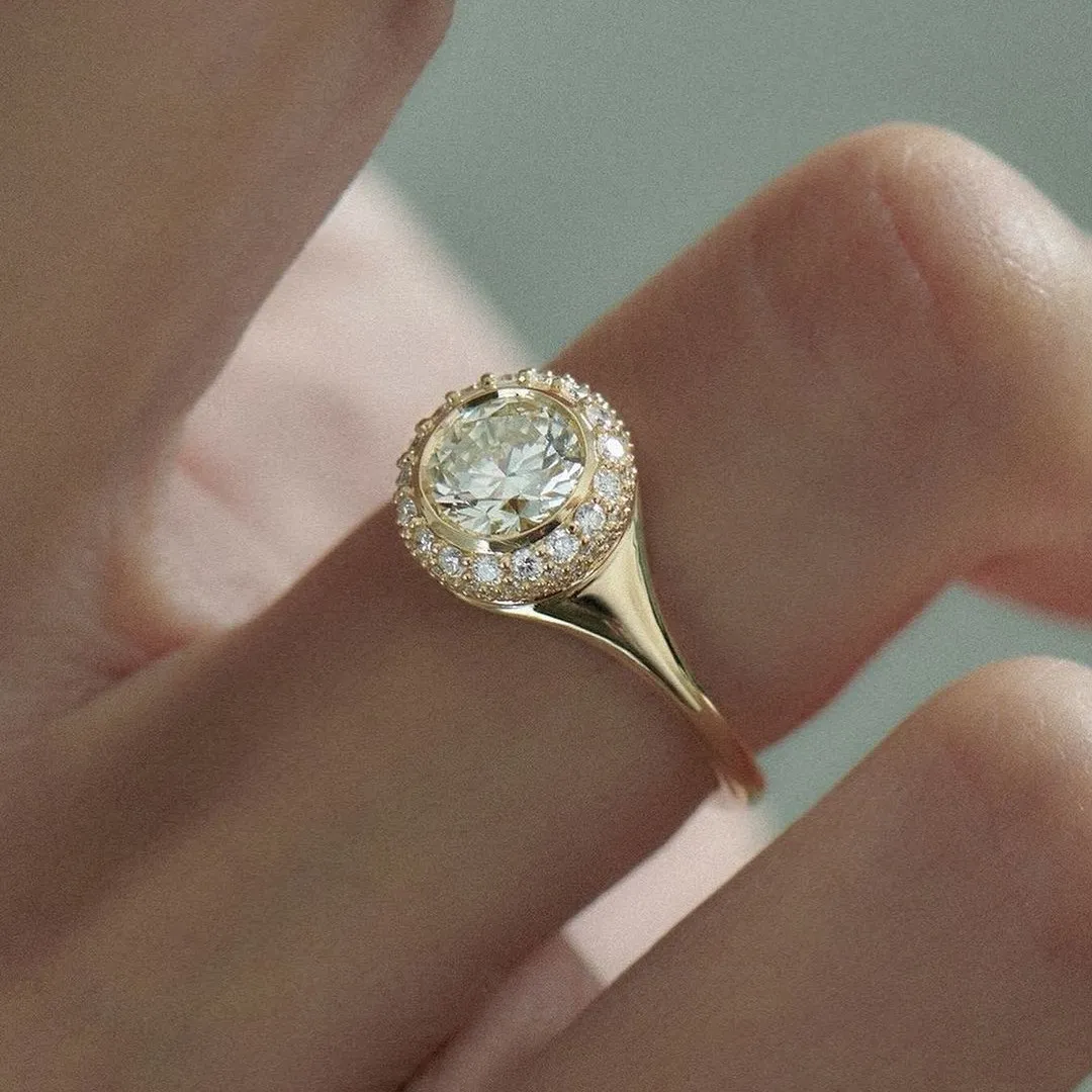 Bague de fiançailles halo en argent sterling et or jaune 925 avec diamant de taille ronde
