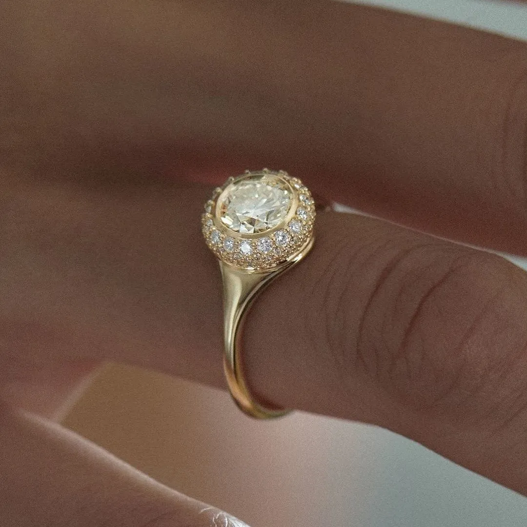 Bague de fiançailles halo en argent sterling et or jaune 925 avec diamant de taille ronde