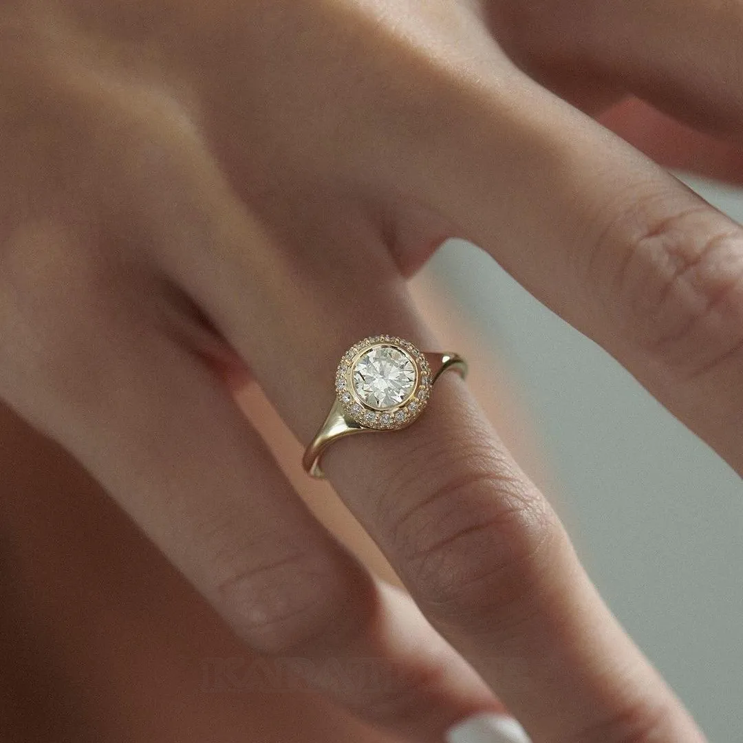 Bague de fiançailles halo en argent sterling et or jaune 925 avec diamant de taille ronde