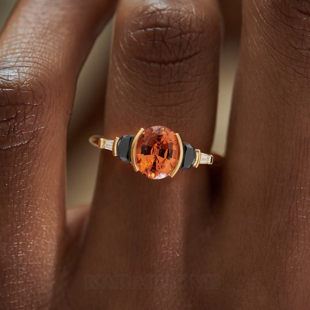Bague de fiançailles 3 pierres en argent sterling et or jaune 925 avec saphir orange de taille ovale