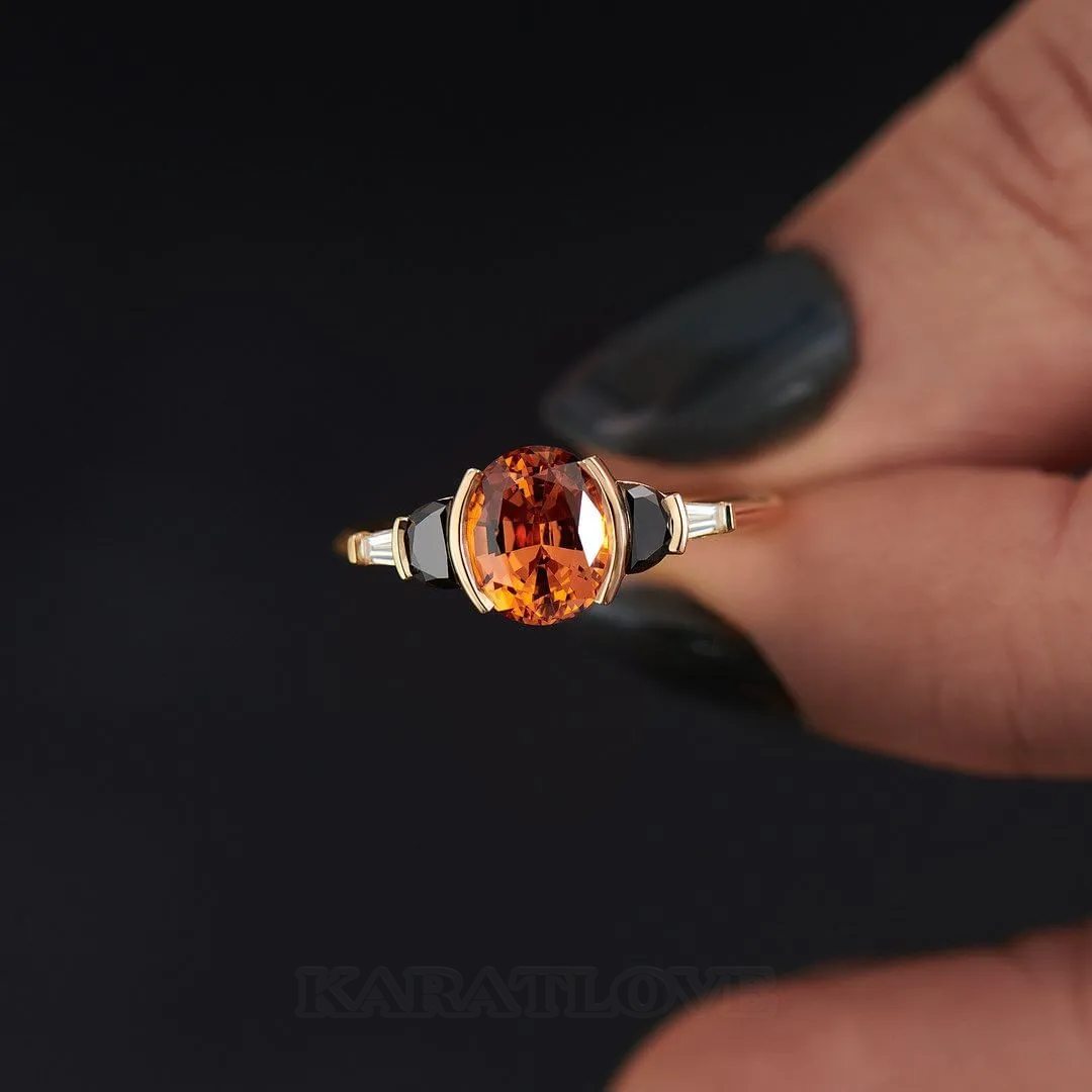 Bague de fiançailles 3 pierres en argent sterling et or jaune 925 avec saphir orange de taille ovale