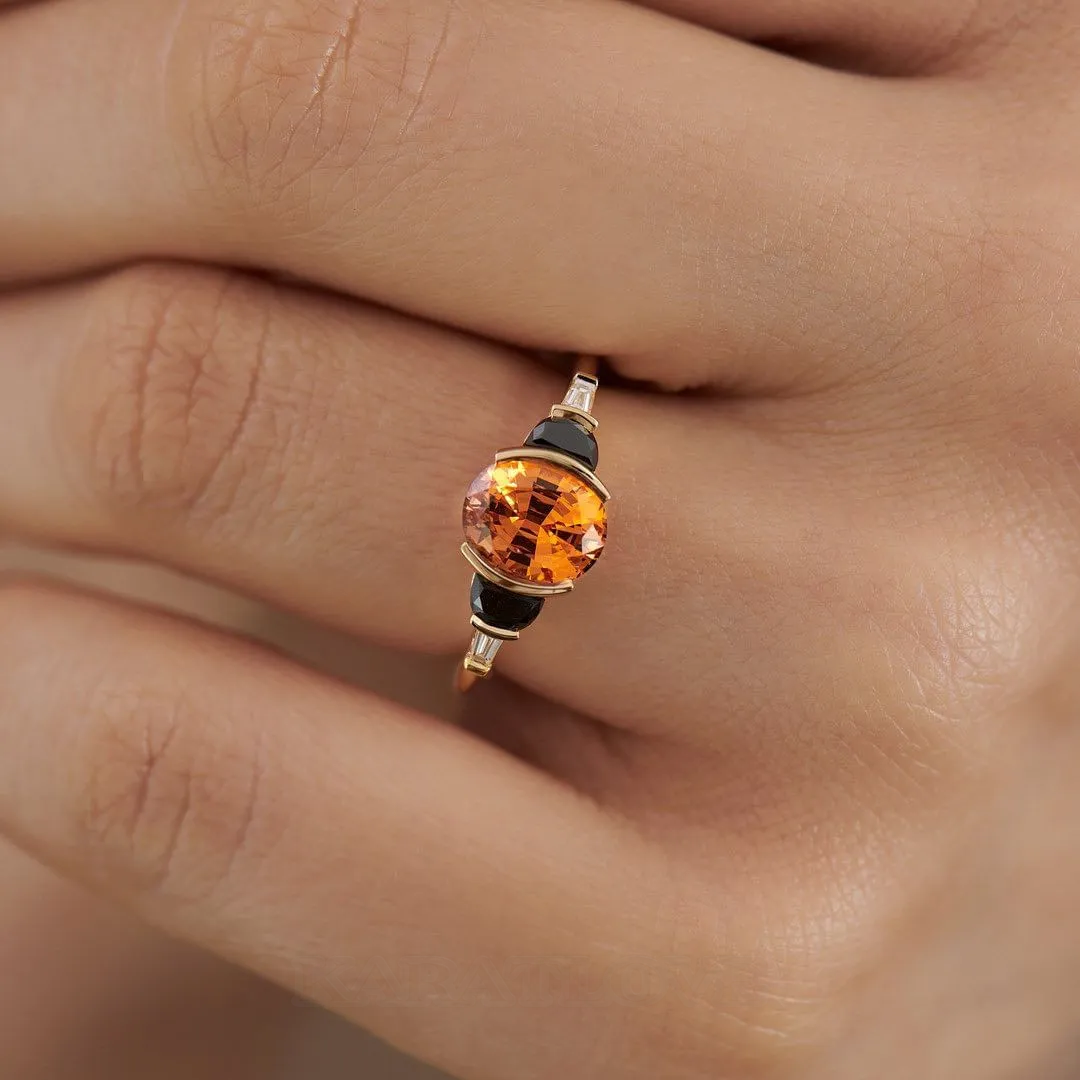 Bague de fiançailles 3 pierres en argent sterling et or jaune 925 avec saphir orange de taille ovale