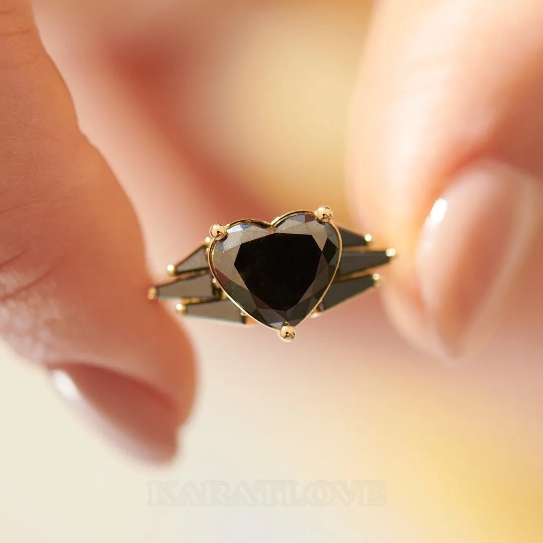 Bague de fiançailles art déco en argent sterling et or jaune 925 avec diamant fantaisie noir taillé en cœur