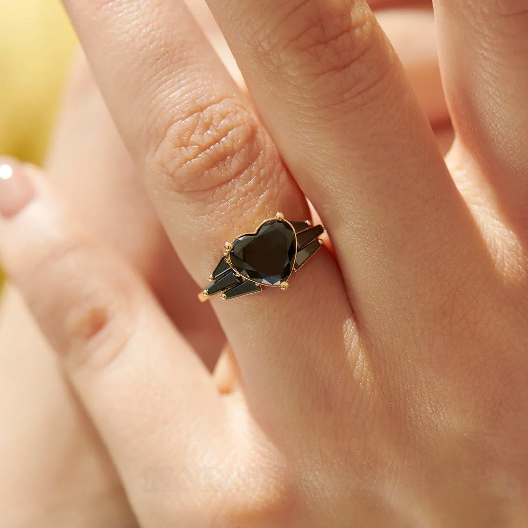 Bague de fiançailles art déco en argent sterling et or jaune 925 avec diamant fantaisie noir taillé en cœur