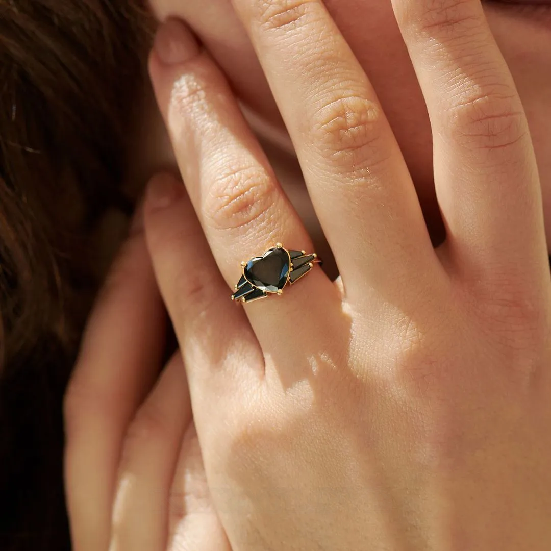 Bague de fiançailles art déco en argent sterling et or jaune 925 avec diamant fantaisie noir taillé en cœur