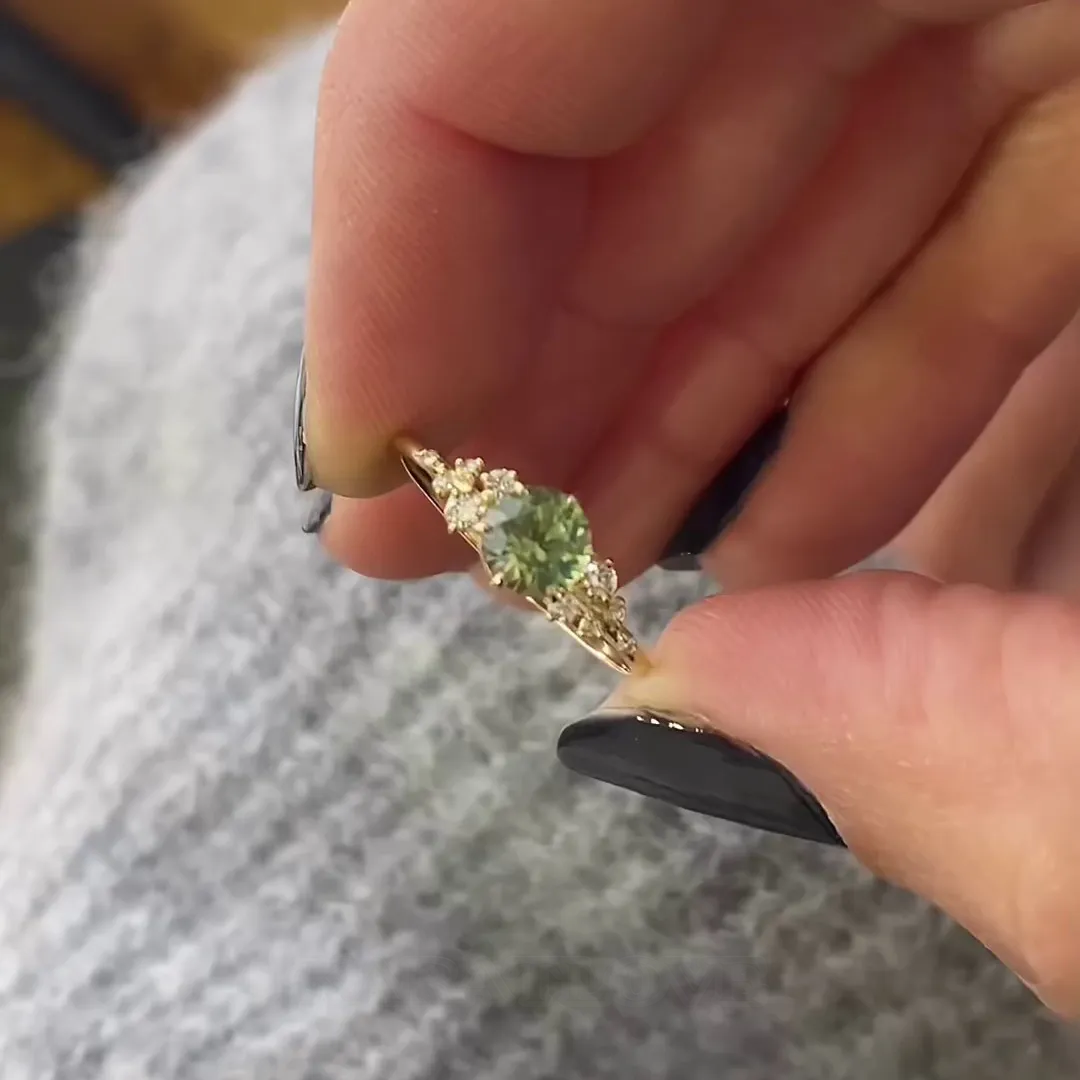 Bague de fiançailles classique en argent sterling et or jaune 925 avec péridot de taille ronde et de couleur verte