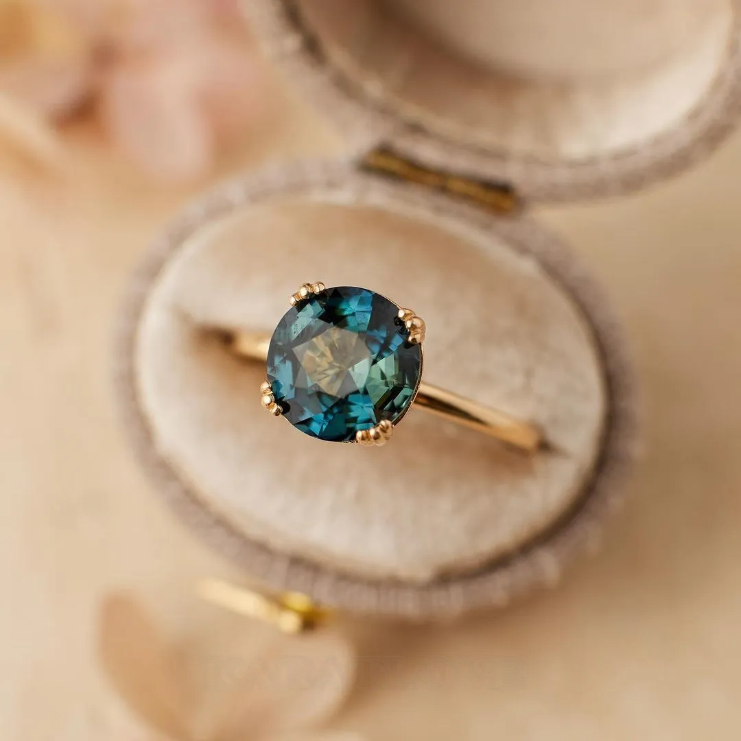 Bague de fiançailles solitaire en argent sterling et or jaune 925 avec saphir bleu de taille ronde