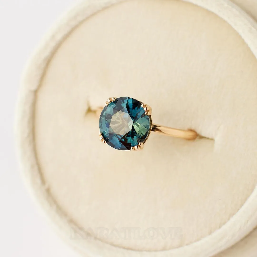 Bague de fiançailles solitaire en argent sterling et or jaune 925 avec saphir bleu de taille ronde