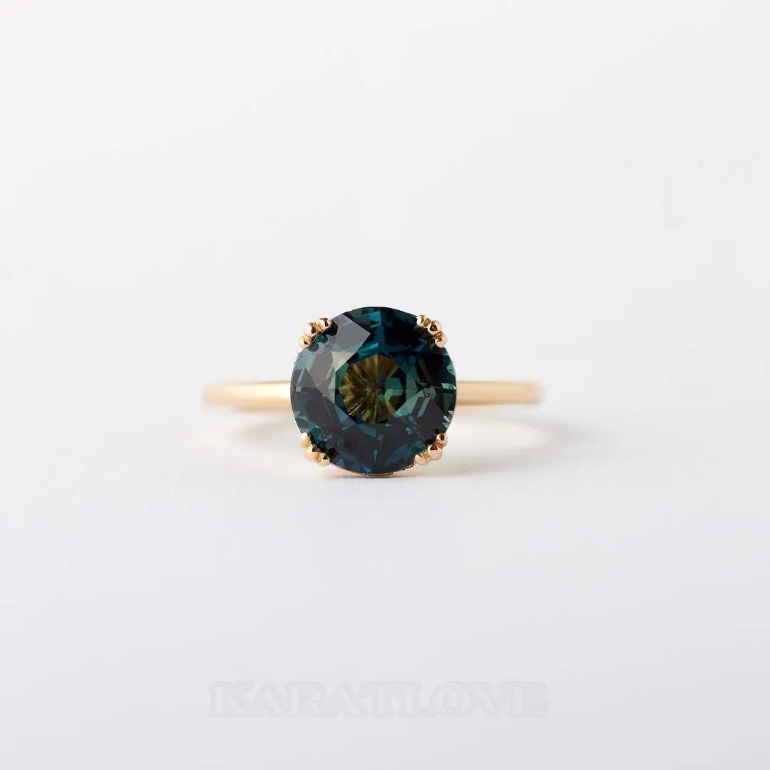 Bague de fiançailles solitaire en argent sterling et or jaune 925 avec saphir bleu de taille ronde
