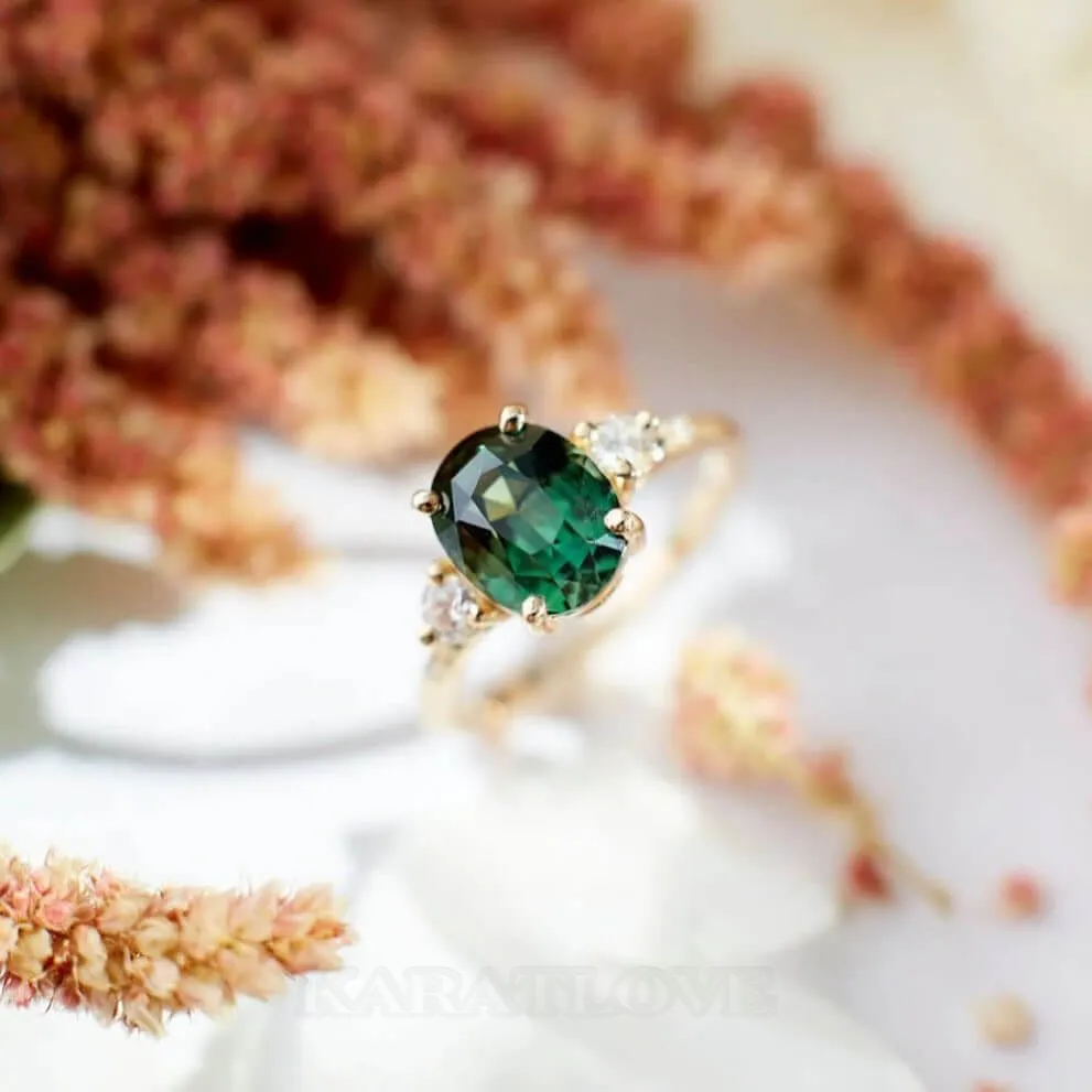 Bague de fiançailles 3 pierres en argent sterling et or jaune 925, vert émeraude taille ovale
