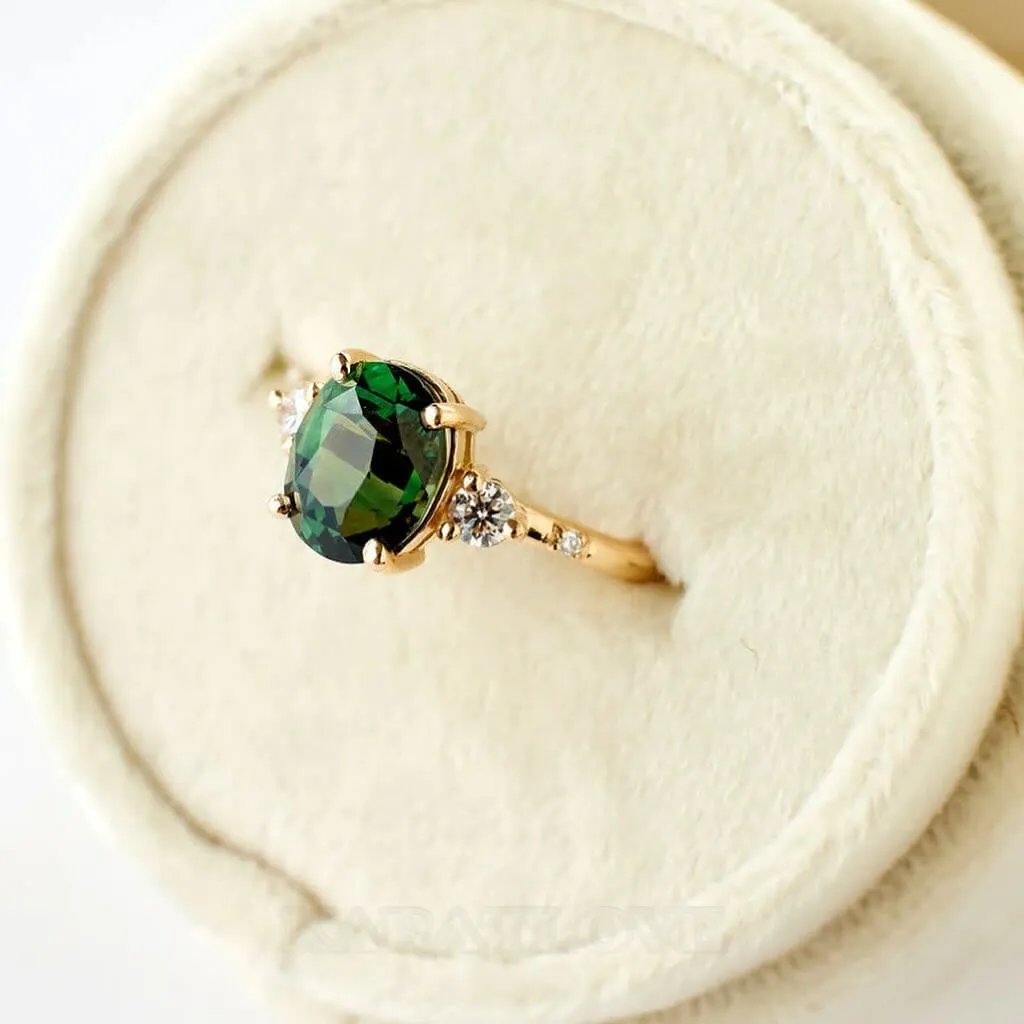 Bague de fiançailles 3 pierres en argent sterling et or jaune 925, vert émeraude taille ovale