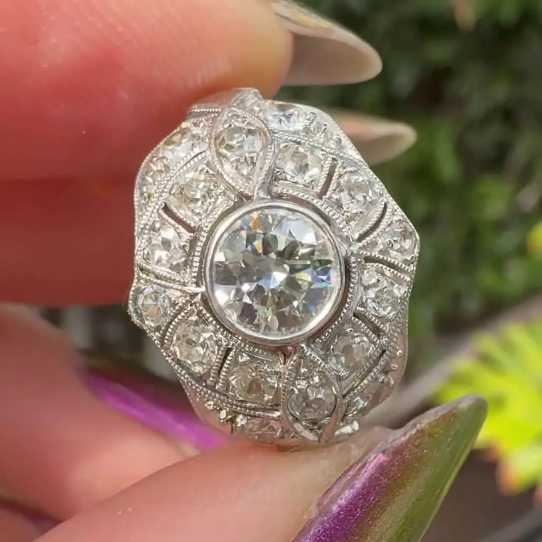 Bague de fiançailles art déco en argent sterling 925 avec halo et diamant blanc de taille ronde