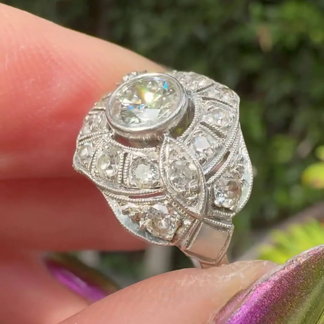 Bague de fiançailles art déco en argent sterling 925 avec halo et diamant blanc de taille ronde