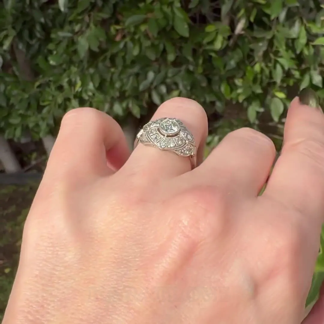 Bague de fiançailles art déco en argent sterling 925 avec halo et diamant blanc de taille ronde