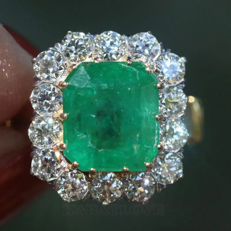 Bague de fiançailles halo en argent sterling et or jaune 925 avec émeraude verte à taille radieuse