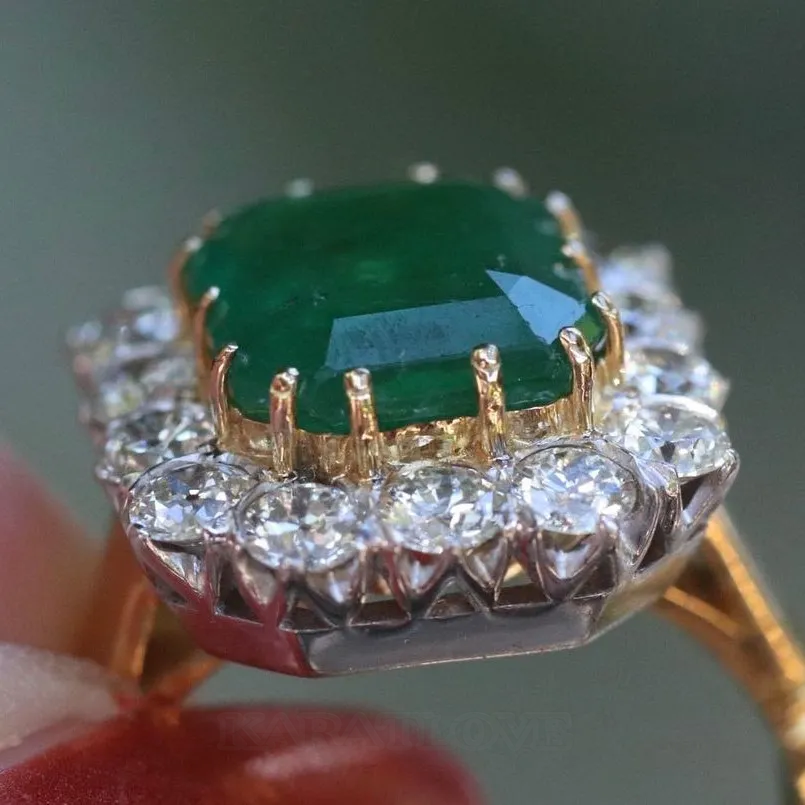 Bague de fiançailles halo en argent sterling et or jaune 925 avec émeraude verte à taille radieuse