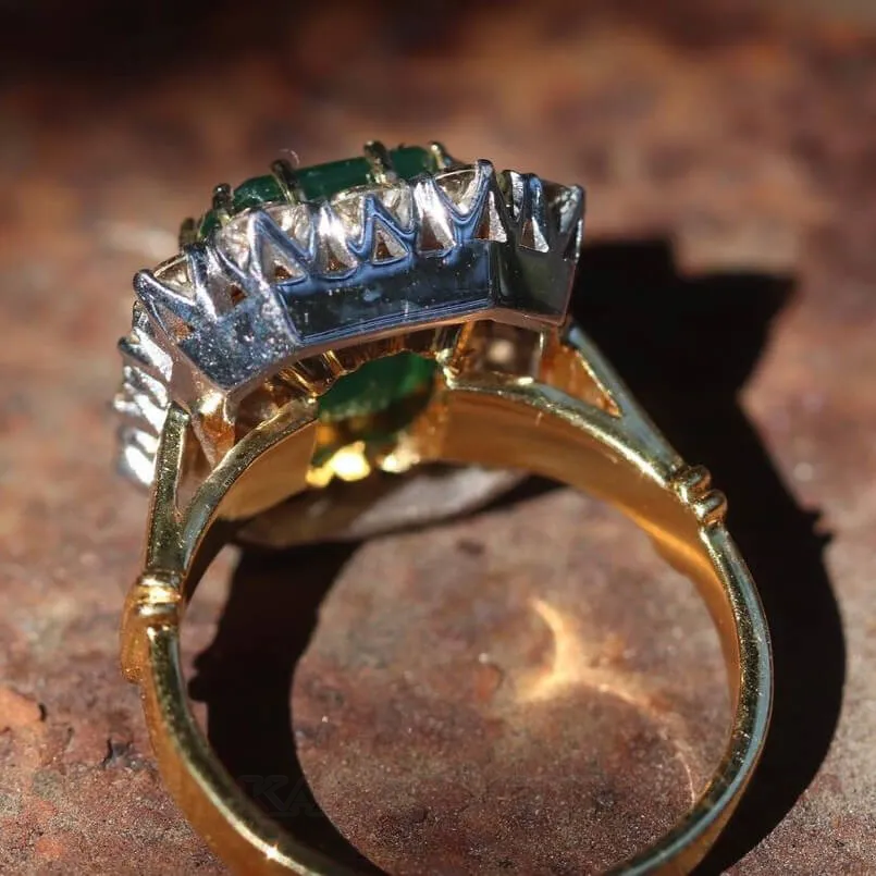 Bague de fiançailles halo en argent sterling et or jaune 925 avec émeraude verte à taille radieuse