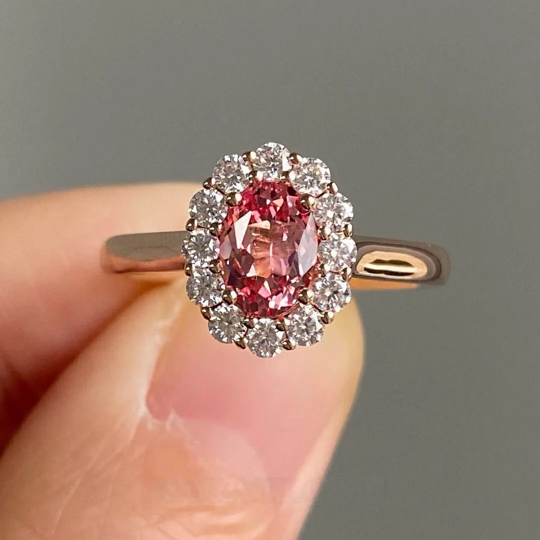 Bague de fiançailles halo en argent sterling 925 or rose, taille ovale, rose fantaisie