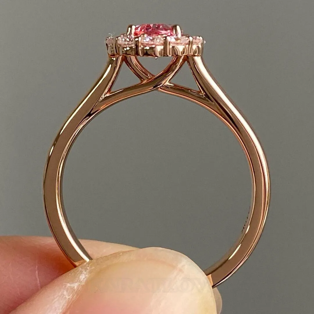 Bague de fiançailles halo en argent sterling 925 or rose, taille ovale, rose fantaisie