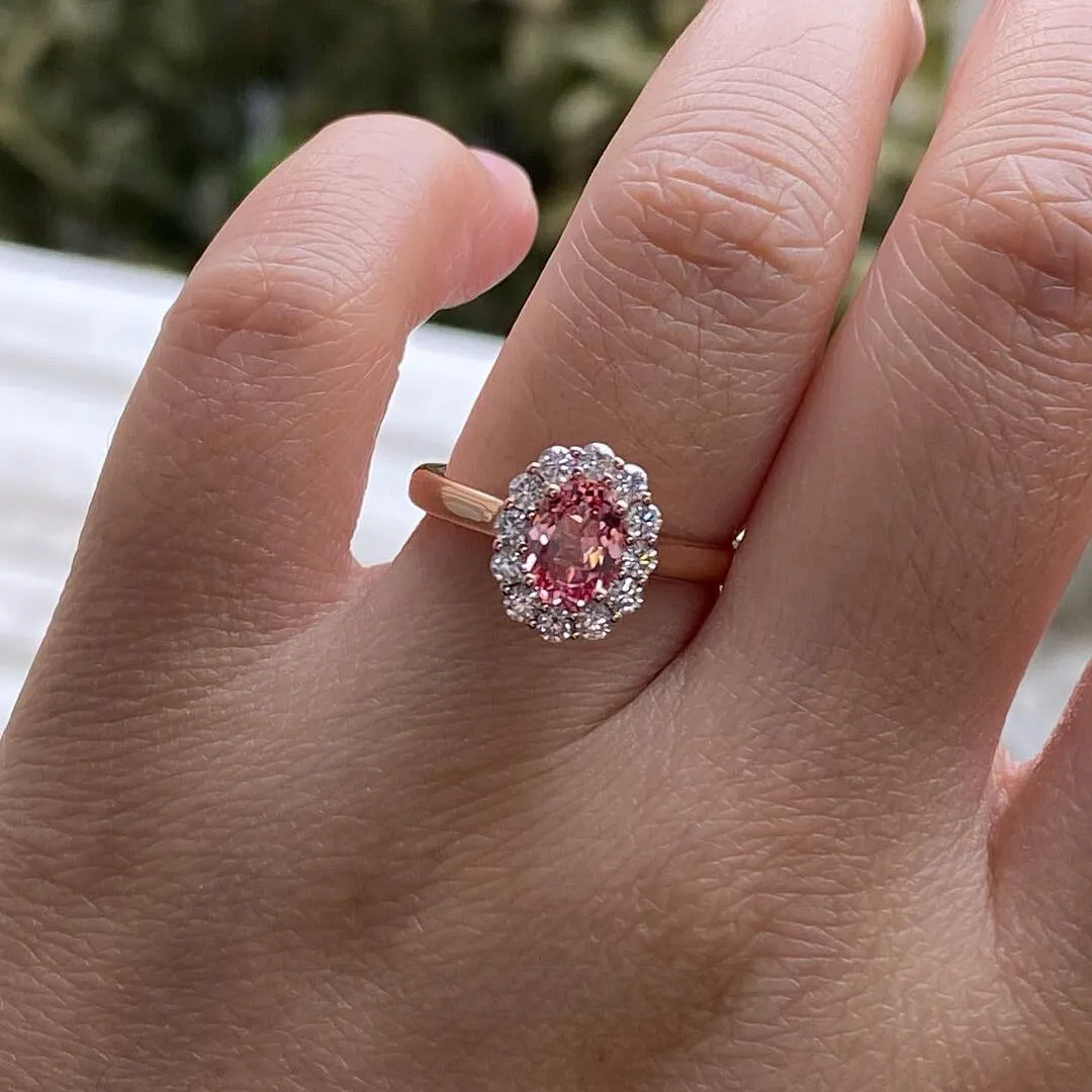 Bague de fiançailles halo en argent sterling 925 or rose, taille ovale, rose fantaisie
