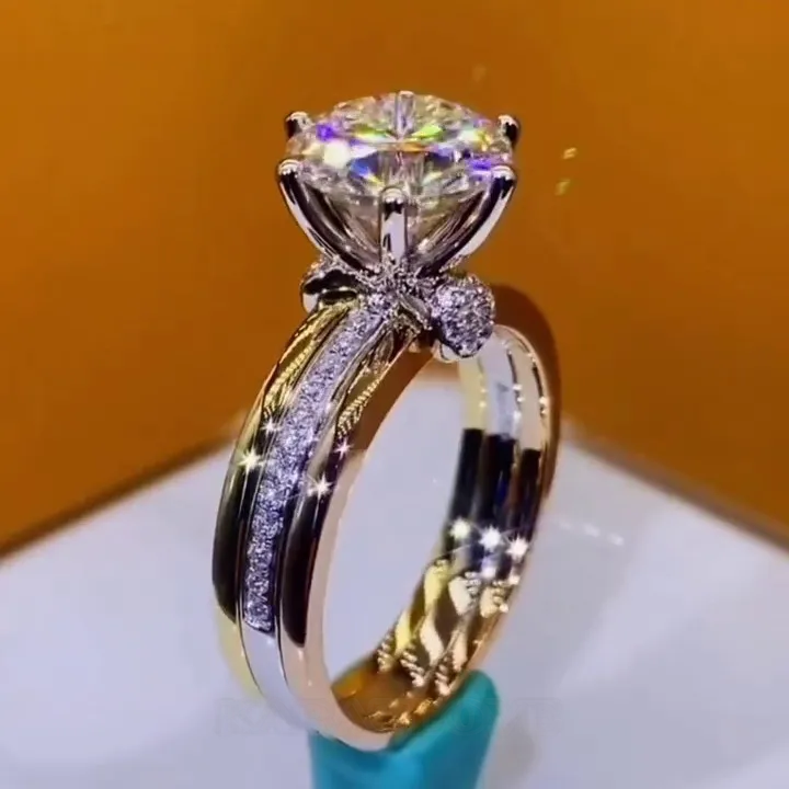 Bague de fiançailles en or jaune art déco avec diamant rond en argent sterling 925 blanc
