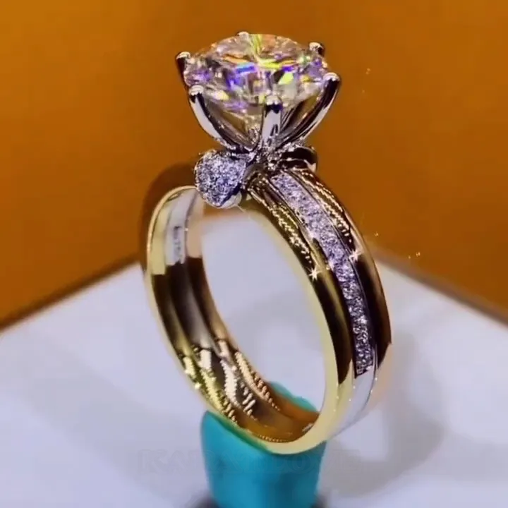 Bague de fiançailles en or jaune art déco avec diamant rond en argent sterling 925 blanc