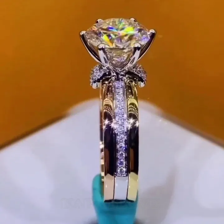 Bague de fiançailles en or jaune art déco avec diamant rond en argent sterling 925 blanc