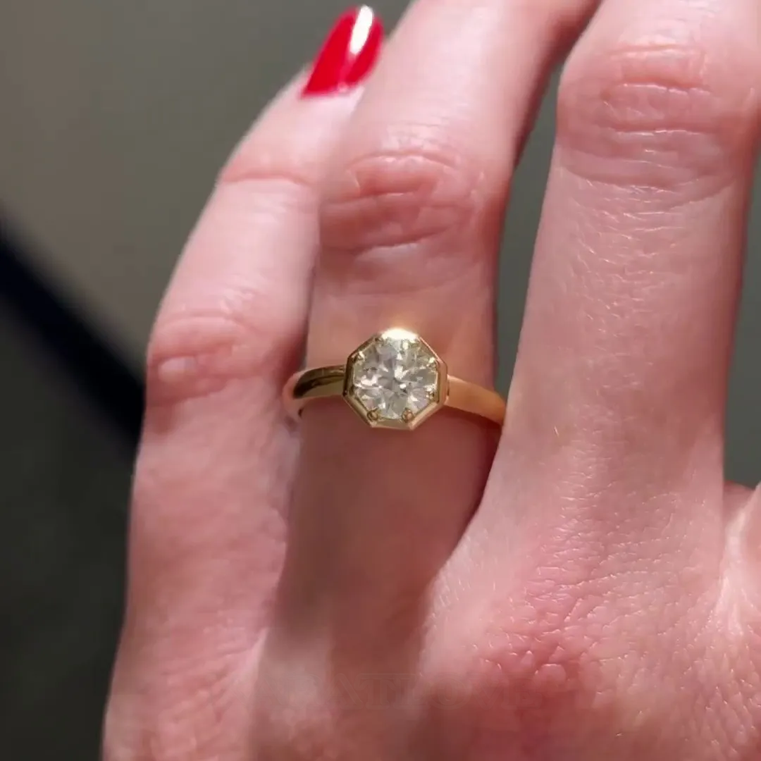 Bague de fiançailles solitaire en argent sterling 925 et or jaune avec diamant blanc de taille ronde