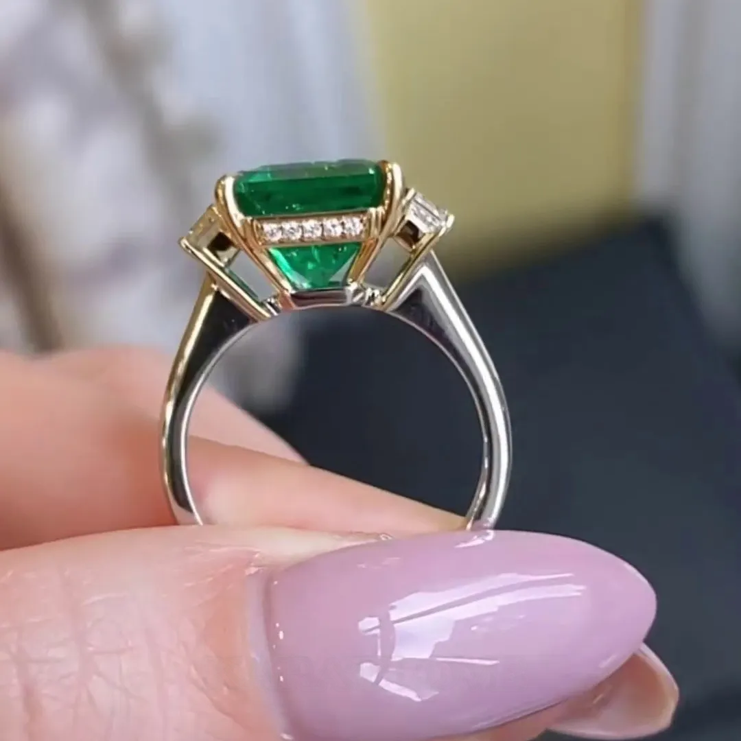 Bague de fiançailles 3 pierres vert émeraude taille princesse en argent sterling 925