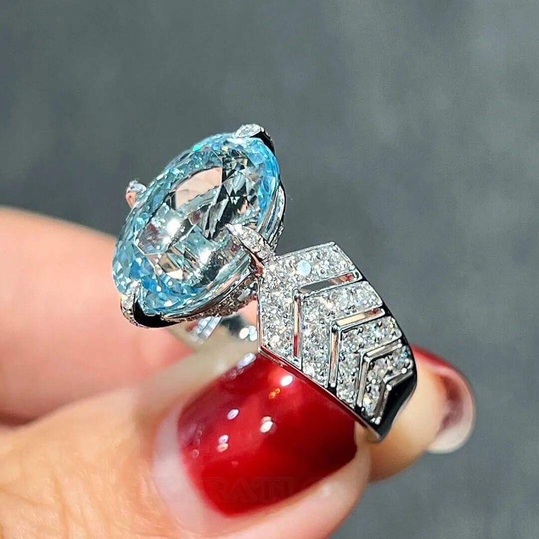 Bague de fiançailles art déco en argent sterling avec aigue-marine de taille ovale