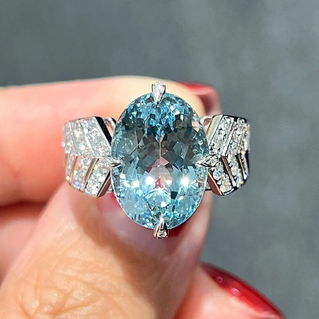 Bague de fiançailles art déco en argent sterling avec aigue-marine de taille ovale