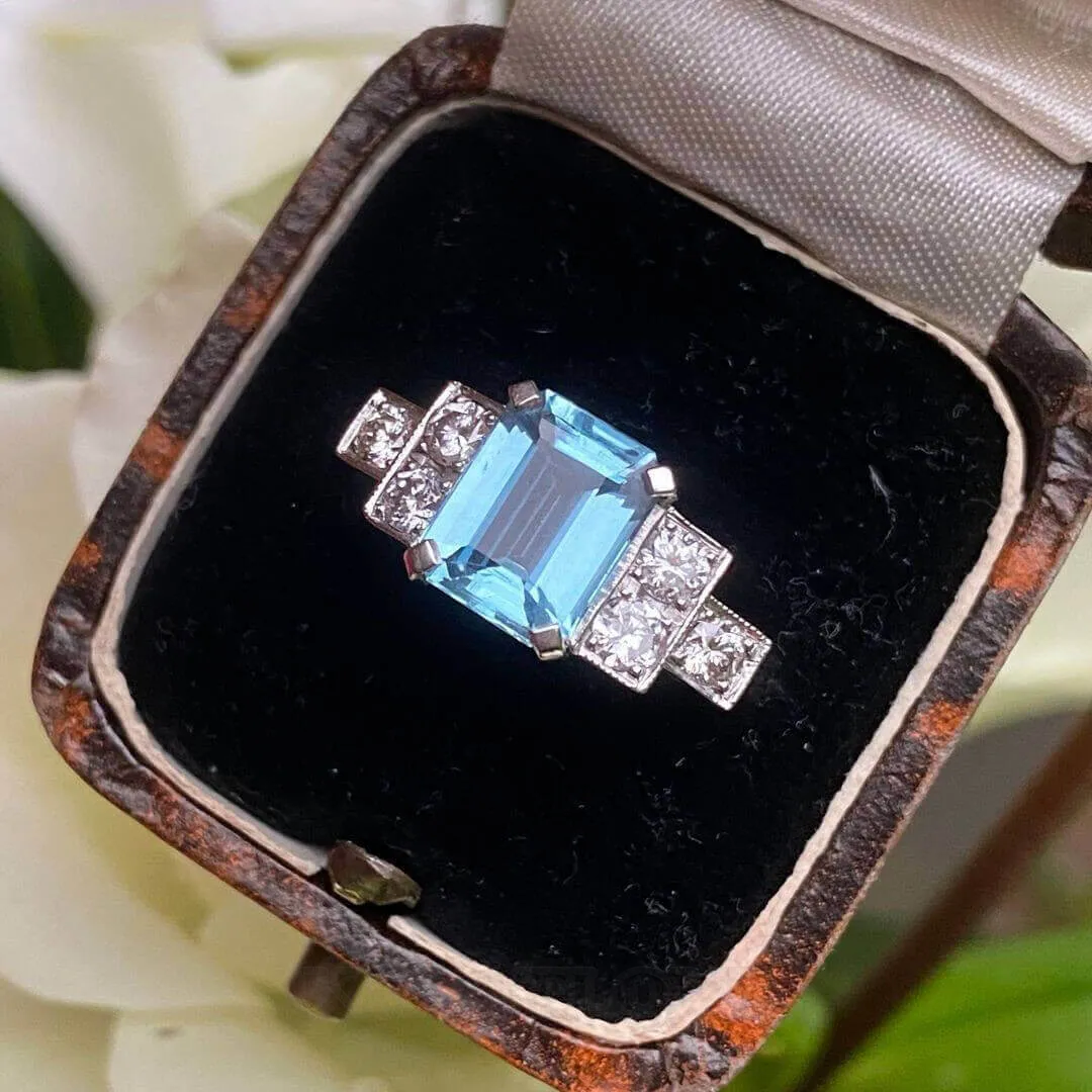 Bague de fiançailles art déco en argent sterling avec aigue-marine taille émeraude