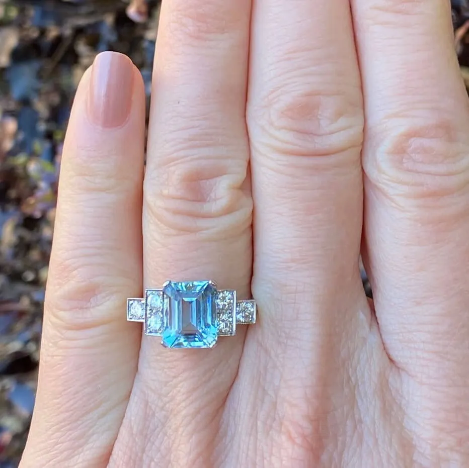 Bague de fiançailles art déco en argent sterling avec aigue-marine taille émeraude