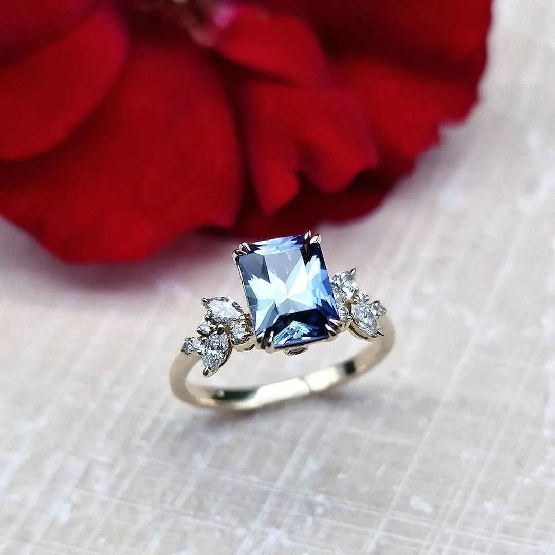 Bague de fiançailles art déco en argent sterling avec aigue-marine à taille radieuse