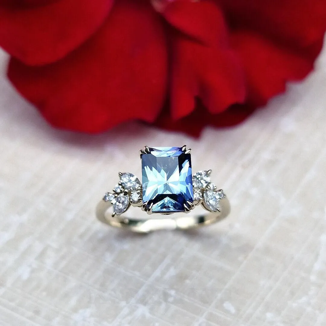 Bague de fiançailles art déco en argent sterling avec aigue-marine à taille radieuse