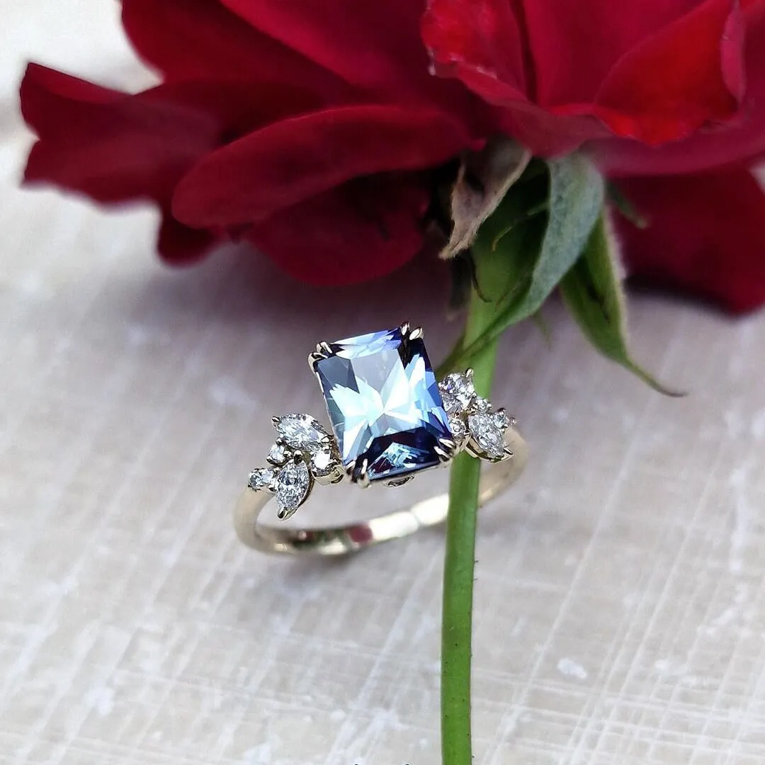 Bague de fiançailles art déco en argent sterling avec aigue-marine à taille radieuse