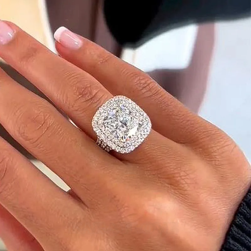 Bague de fiançailles double halo en argent sterling blanc avec diamant taille coussin