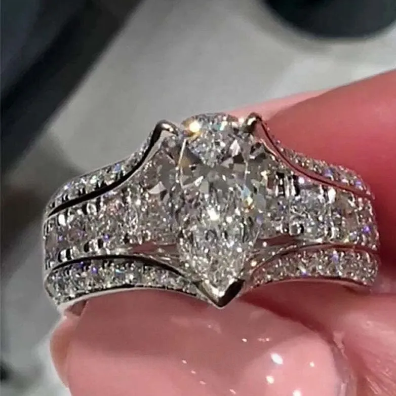Bague de fiançailles art déco en argent sterling blanc avec diamant poire