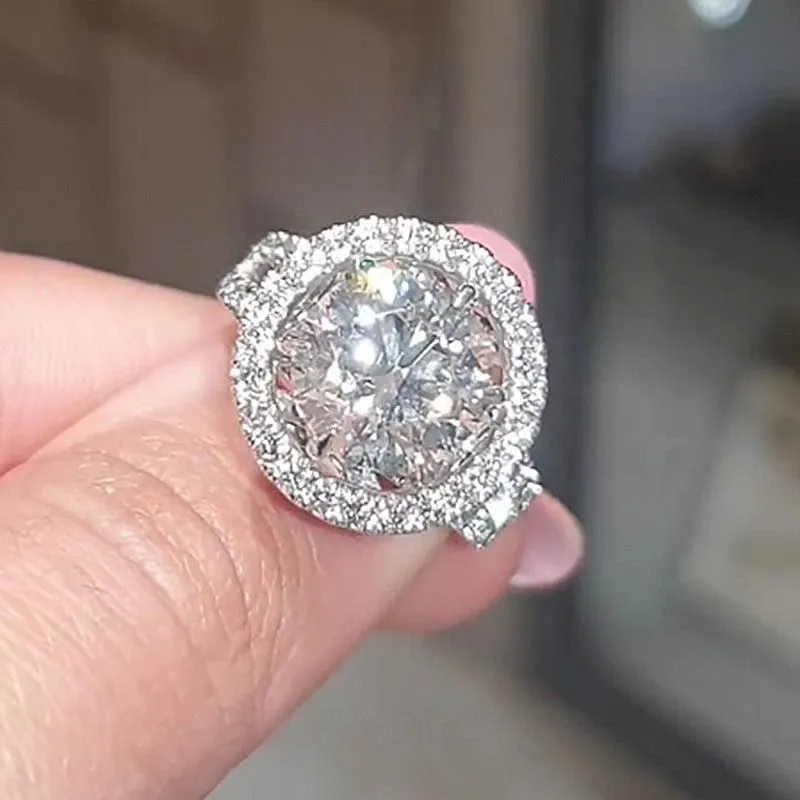 Bague de fiançailles en argent sterling avec halo en argent blanc et diamant rond